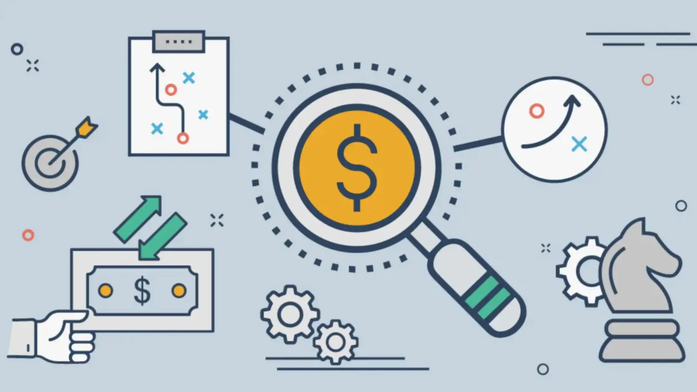 A visual representation of HVAC SEO cost, with icons like a magnifying glass with a dollar sign, a chess piece, and a clipboard with a strategy plan.