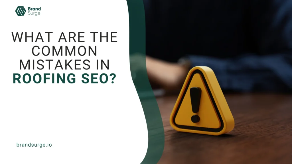 A warning sign with an exclamation mark, with the text 'What are the common mistakes in roofing SEO?”