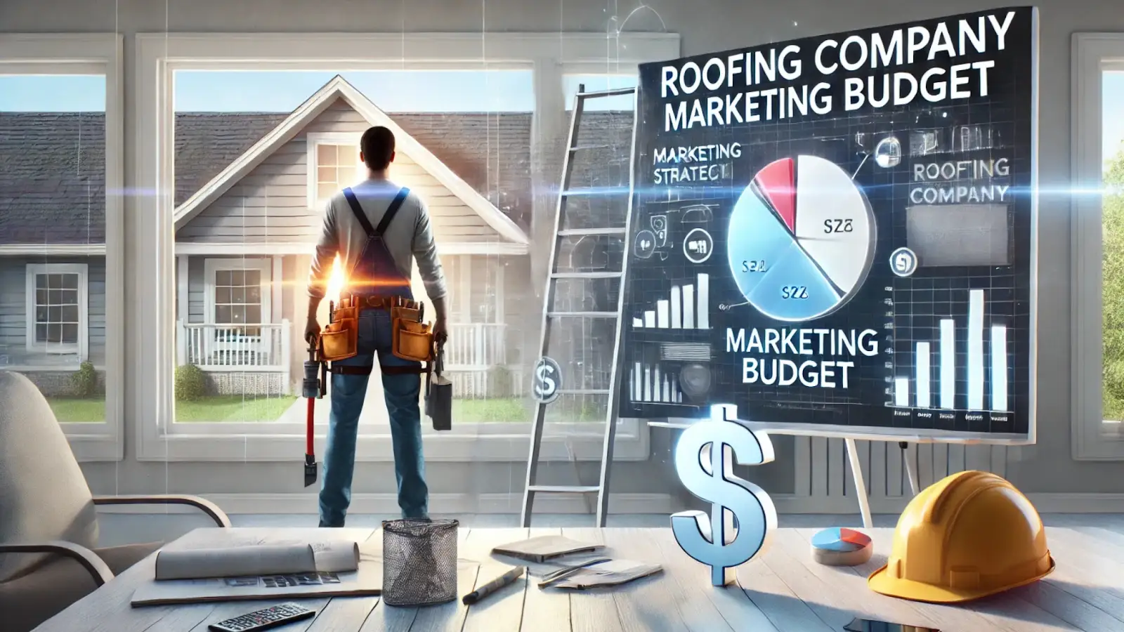 Roofer with whiteboard and digital budget visuals, representing roofing company marketing budget.