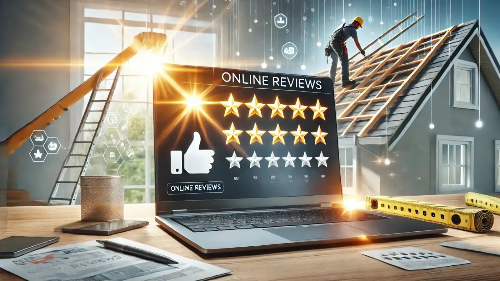 Laptop with glowing star ratings and roofer in the background, representing online reviews for roofing businesses.