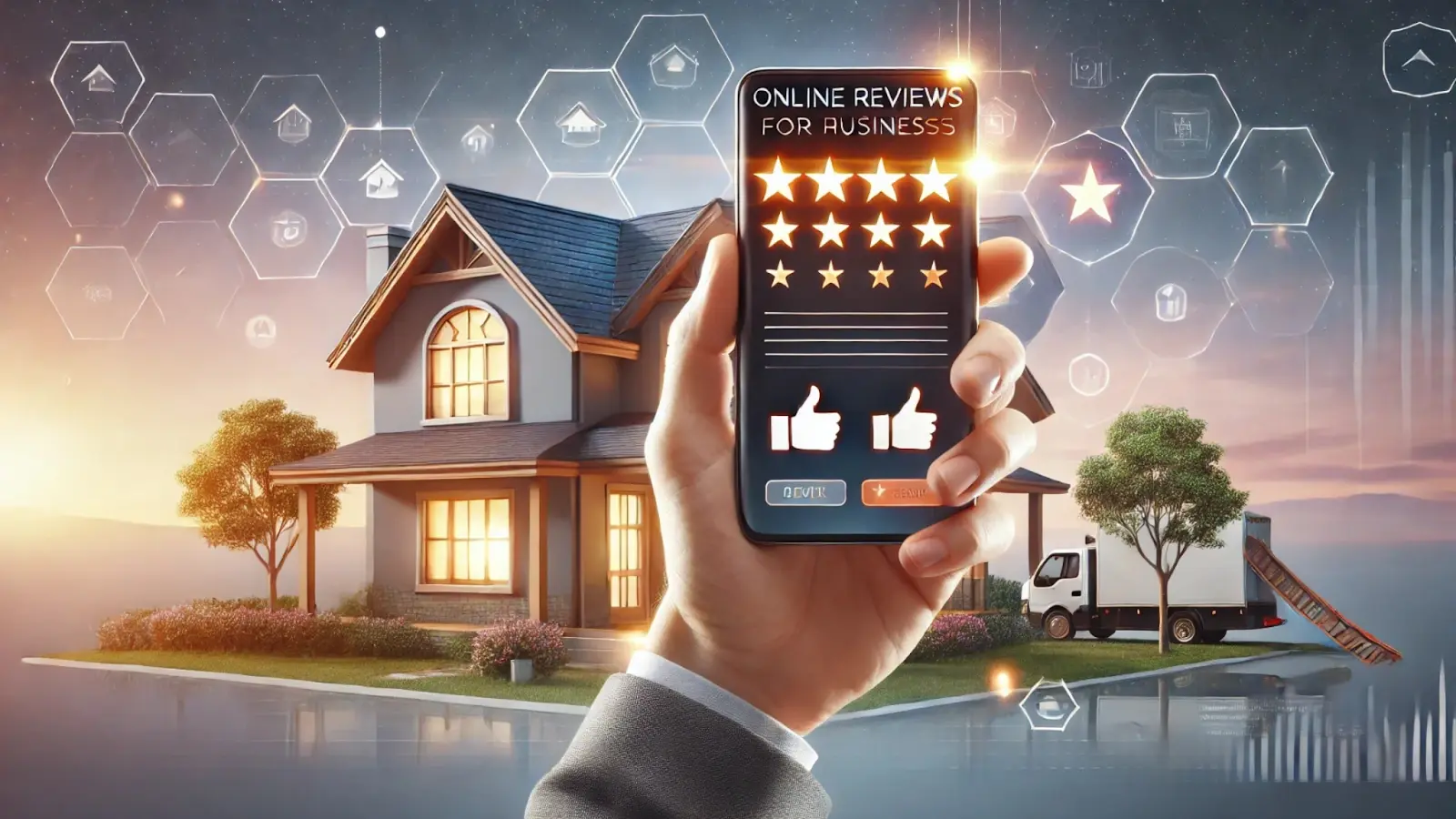 Smartphone displaying glowing reviews with a house in the background, representing online reviews for roofing businesses.