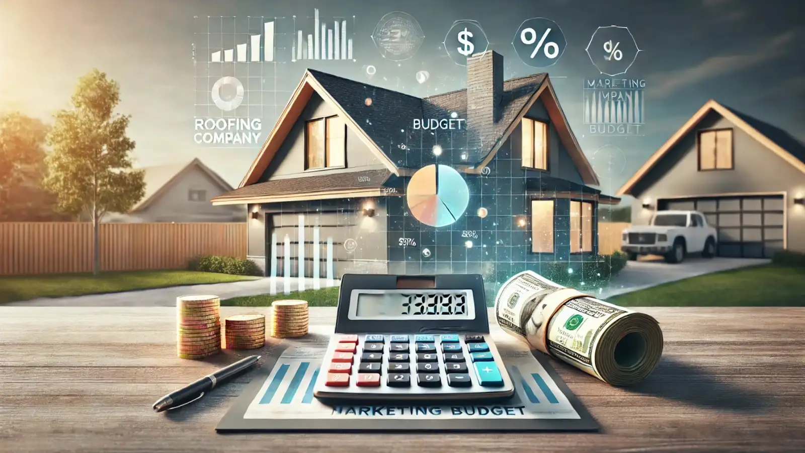Calculator, pie chart, and cash representing roofing company marketing budget planning.