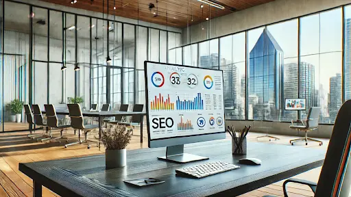 Modern roofing seo agency office with rooftop view and SEO dashboard.