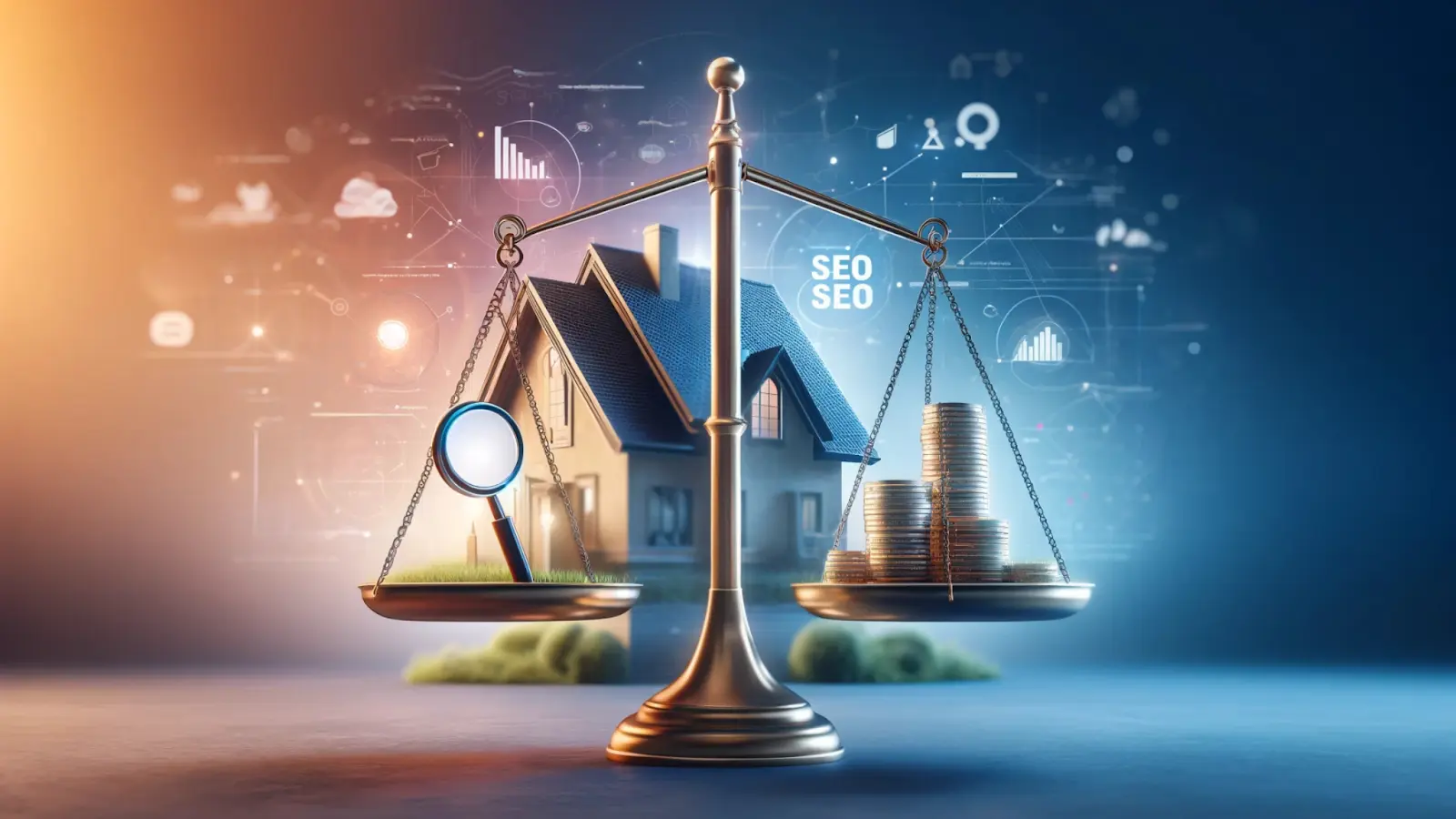 Balance scale with coins and SEO icons representing roofing SEO cost.