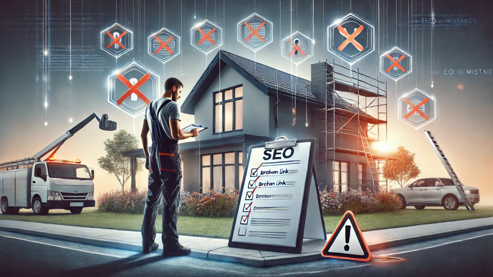 Roofer with checklist and warning icons, symbolizing roofing SEO mistakes.