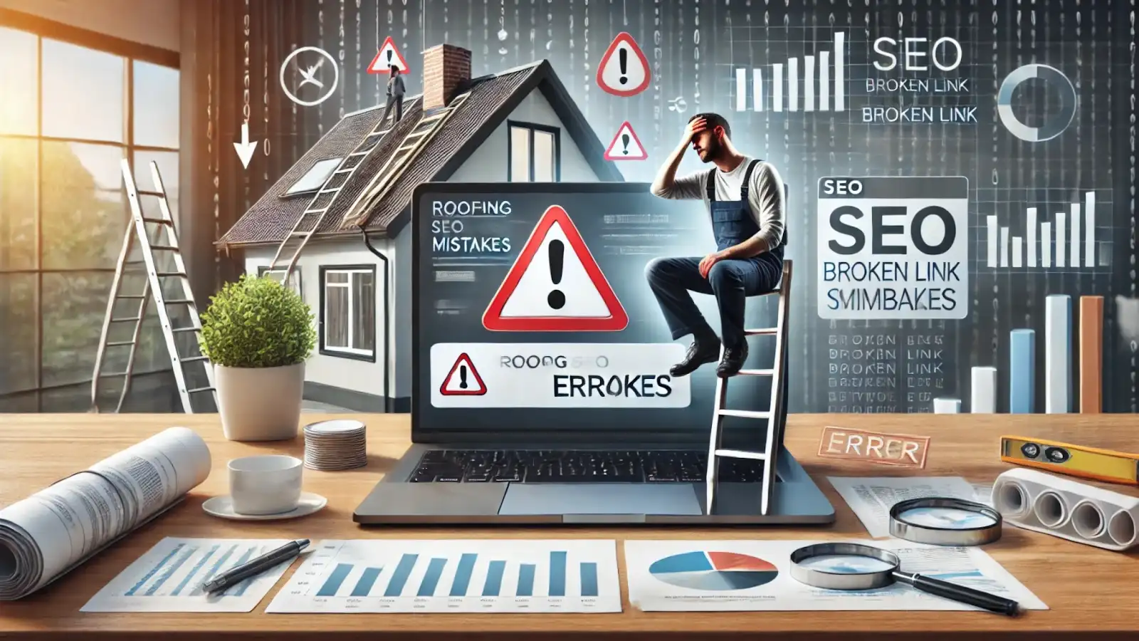 Laptop with error symbols and a puzzled roofer, highlighting roofing SEO mistakes.