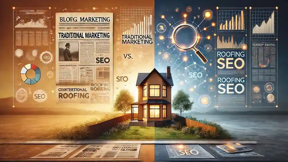 Split-screen banner showing traditional marketing and roofing SEO comparison.