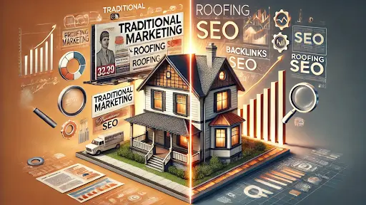 Split-screen banner comparing traditional marketing with roofing SEO.