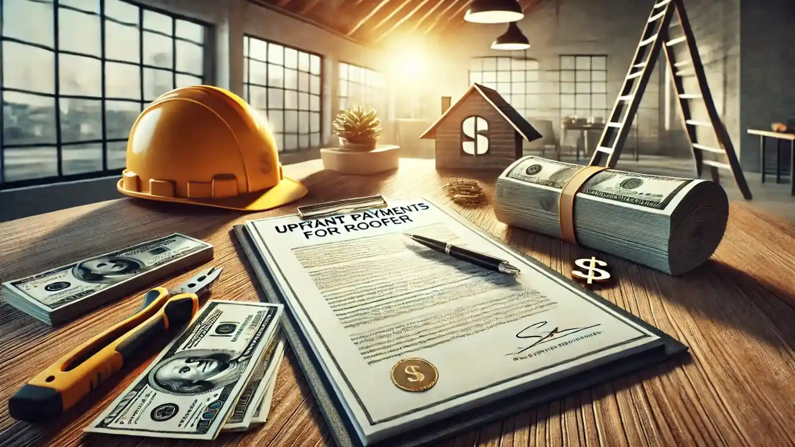 Contract and cash on a table with roofing tools, symbolizing upfront payments for roofers.