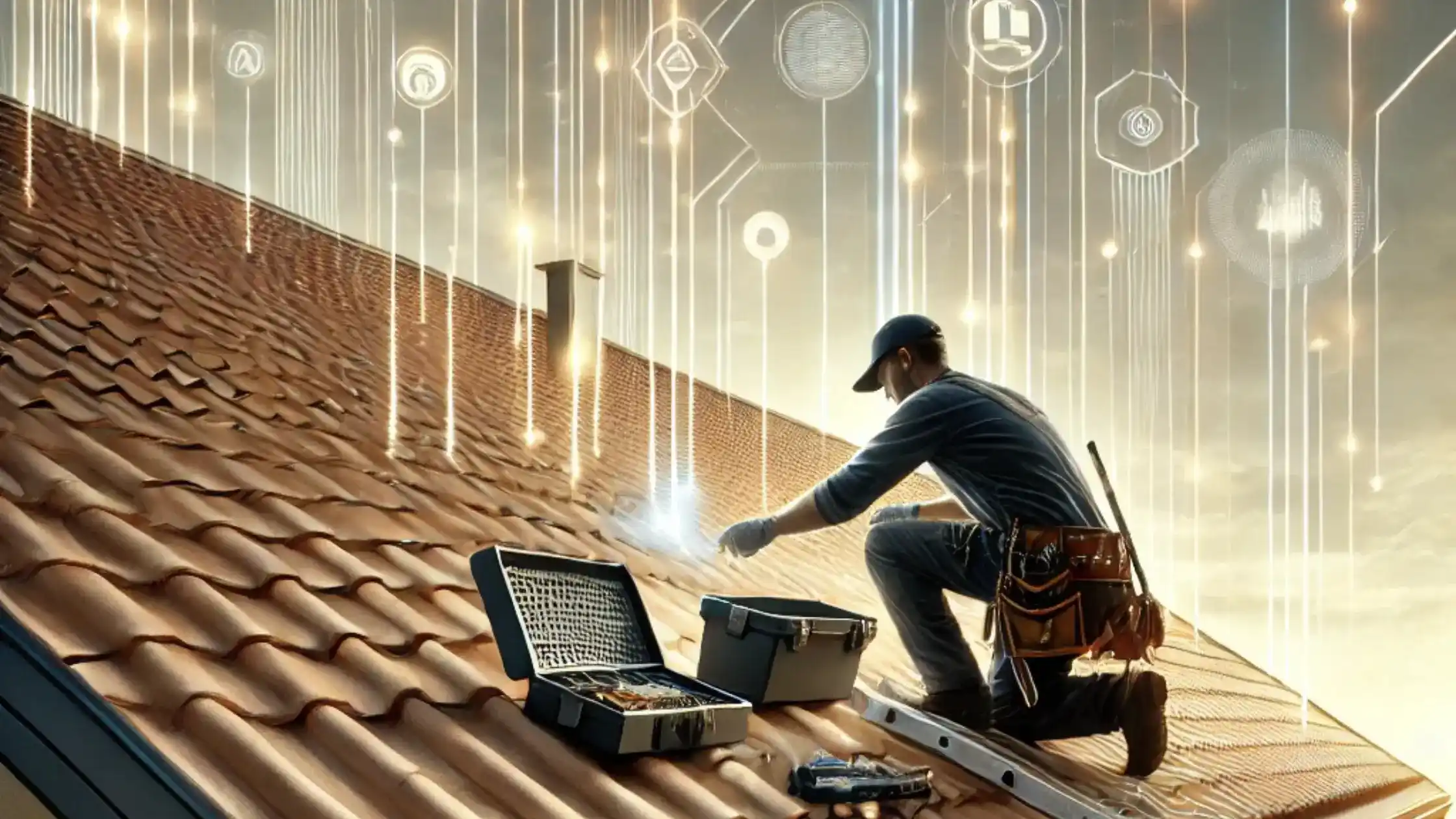 A plumber working on the roof of a modern house, with abstract digital SEO elements representing roofing SEO services.