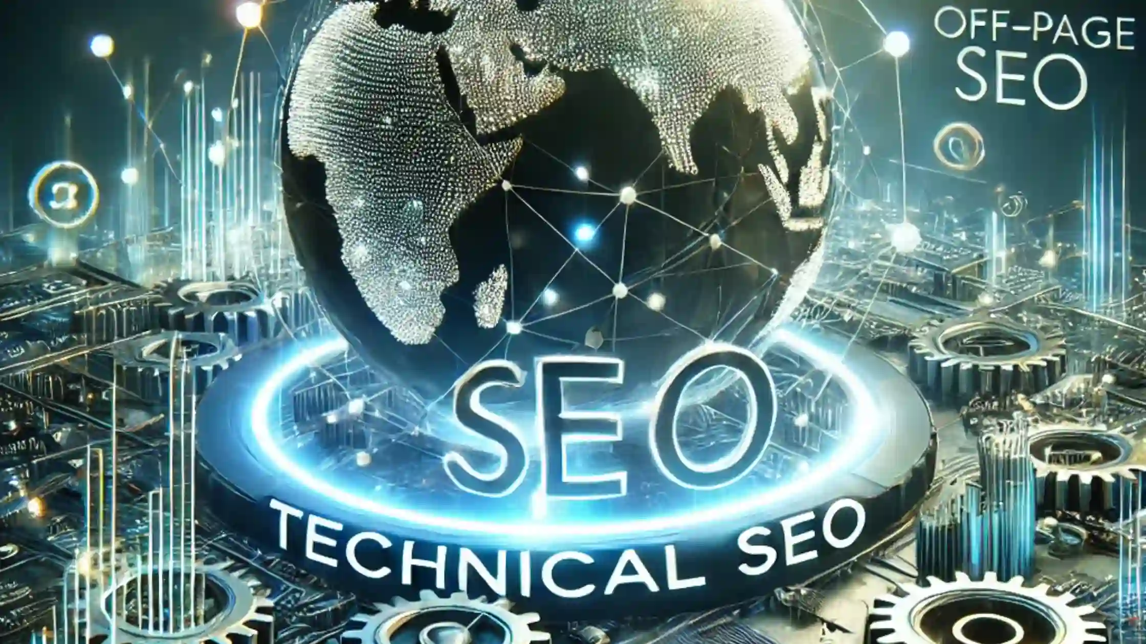 Concept of technical SEO with earth map and more elements with optimization visuals.