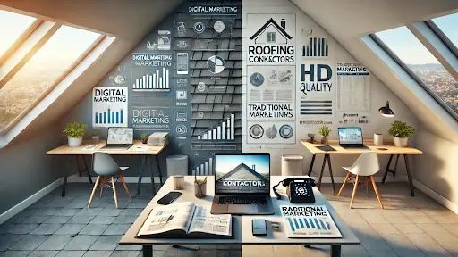 An elevated office showing elements of comparison of pros and cons of roofing seo vs traditional marketing 