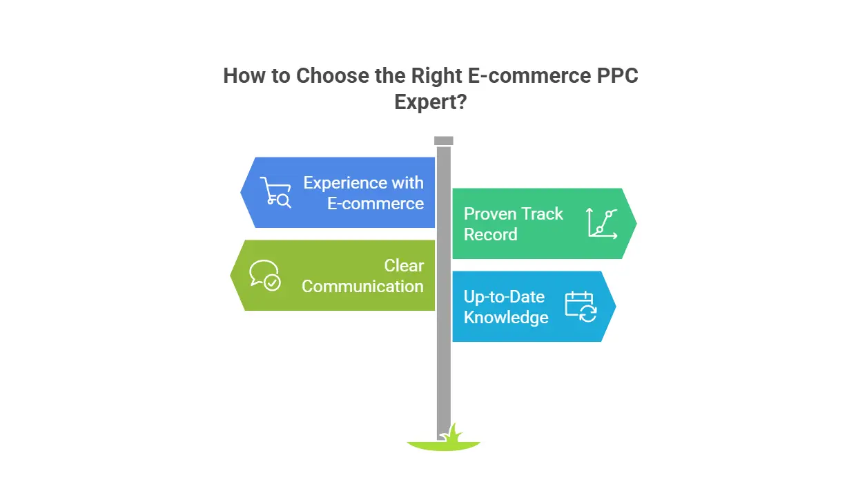 a signpost graphic titled "How to Choose the Right E-commerce PPC Expert?" with four signs pointing in different directions.